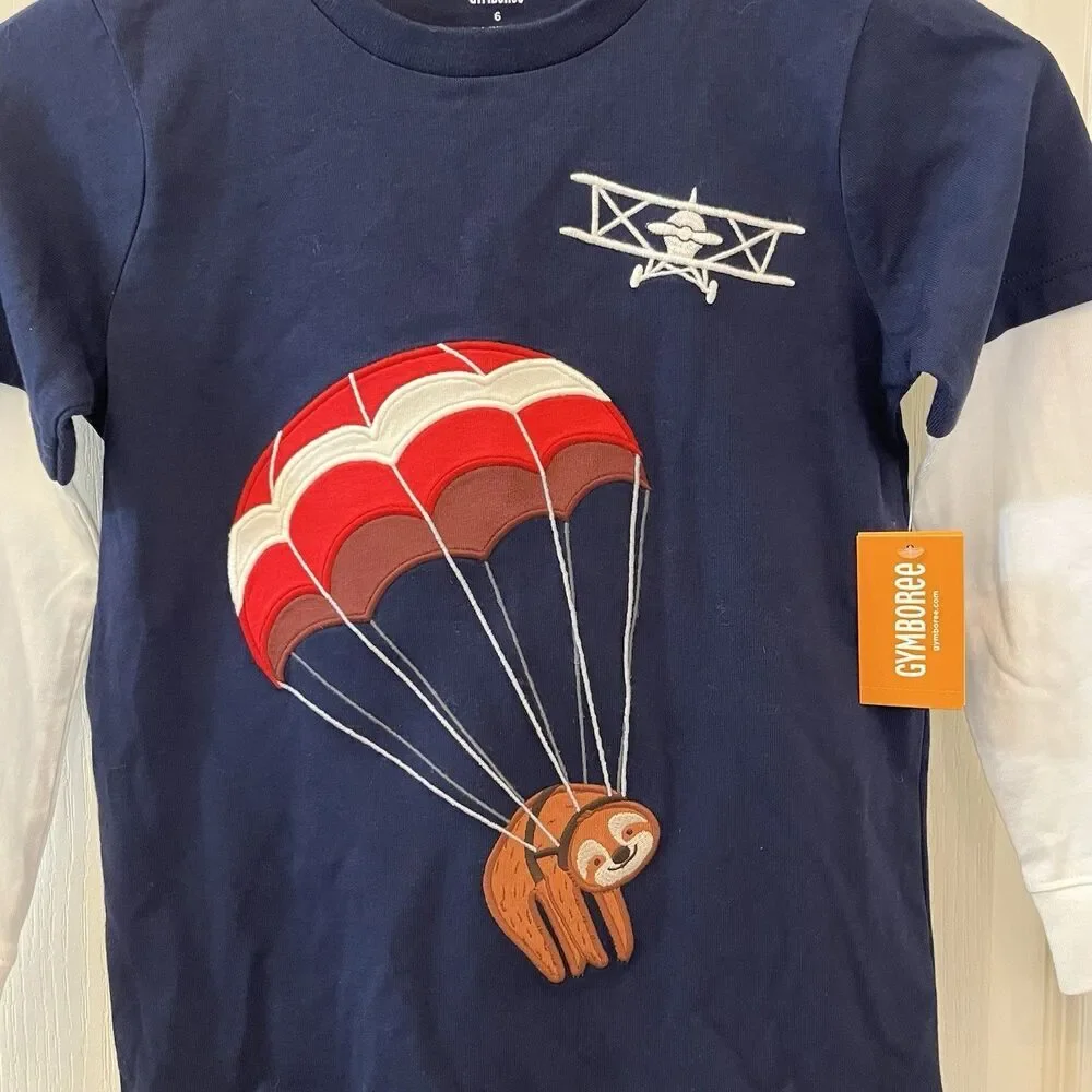 Gymboree Aviator School Parachute Sloth Airplane Applique Layered Top Boys 6 NWT